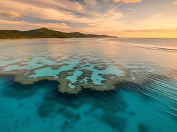 Aerial sunset view of the Great Barrier Reef coastline near Cairns, Queensland.