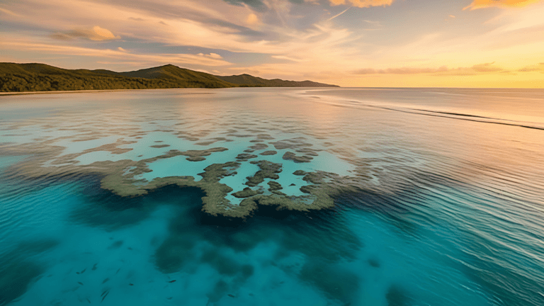 Aerial sunset view of the Great Barrier Reef coastline near Cairns, Queensland.