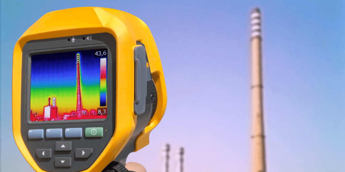 A thermal camera displays temperature readings of industrial smokestacks against a clear sky