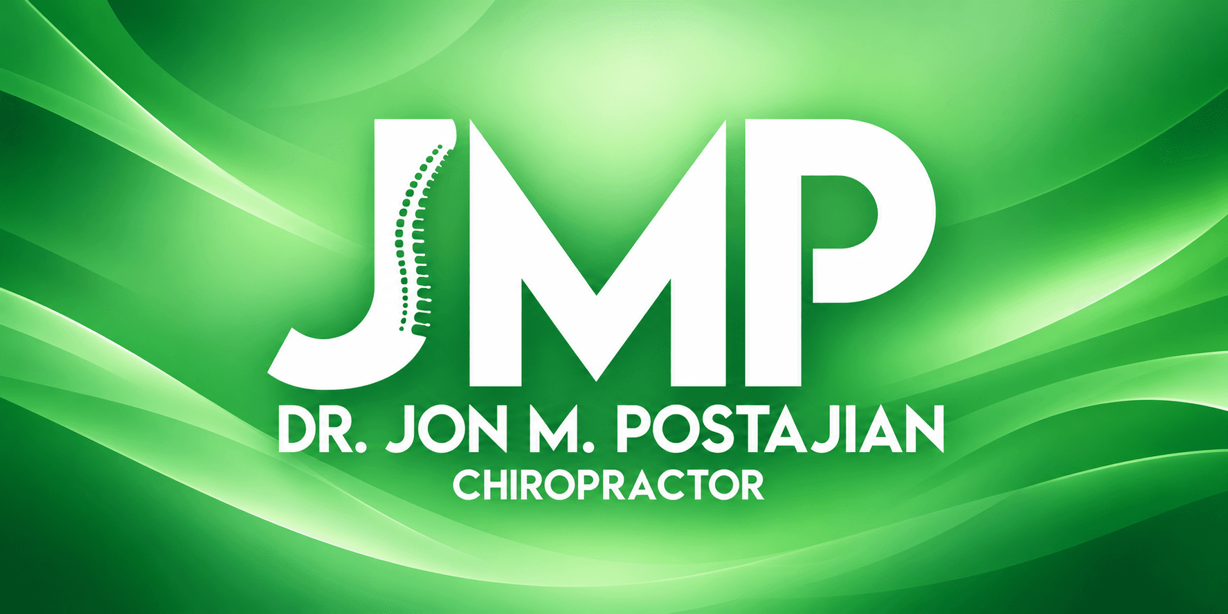 Logo of Dr. Jon M. Postajian, Chiropractor, featuring green waves and chiropractic spine design