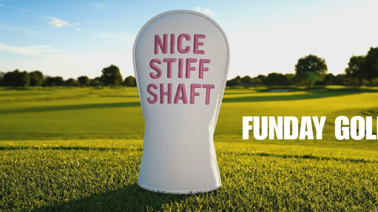 Golf club headcover reading “Nice Stiff Shaft” on green course with “Funday Golf” text overlay.