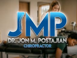 JMP Chiropractic logo over a treatment room with a patient receiving care on a chiropractic table.