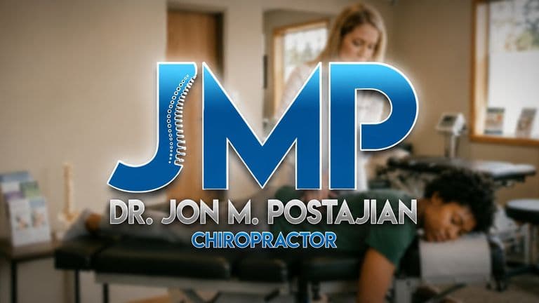 JMP Chiropractic logo over a treatment room with a patient receiving care on a chiropractic table.