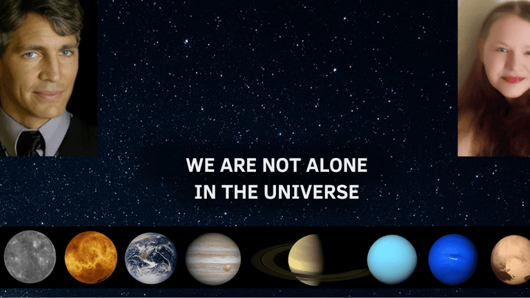 Two portraits over a starry sky with planets and text: "We Are Not Alone in the Universe."