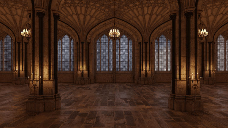 Gothic-style interior with tall arches, large windows, and softly glowing candelabras