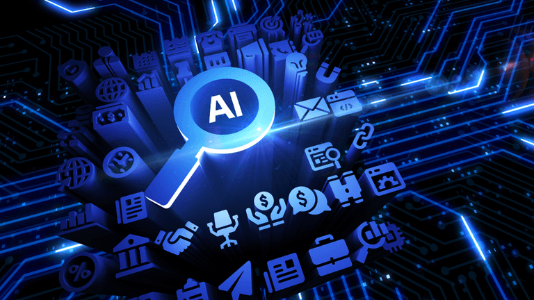 Blue magnifying glass overlaid with AI symbols and digital circuitry background
