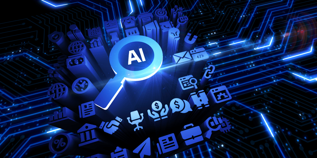 Blue magnifying glass overlaid with AI symbols and digital circuitry background