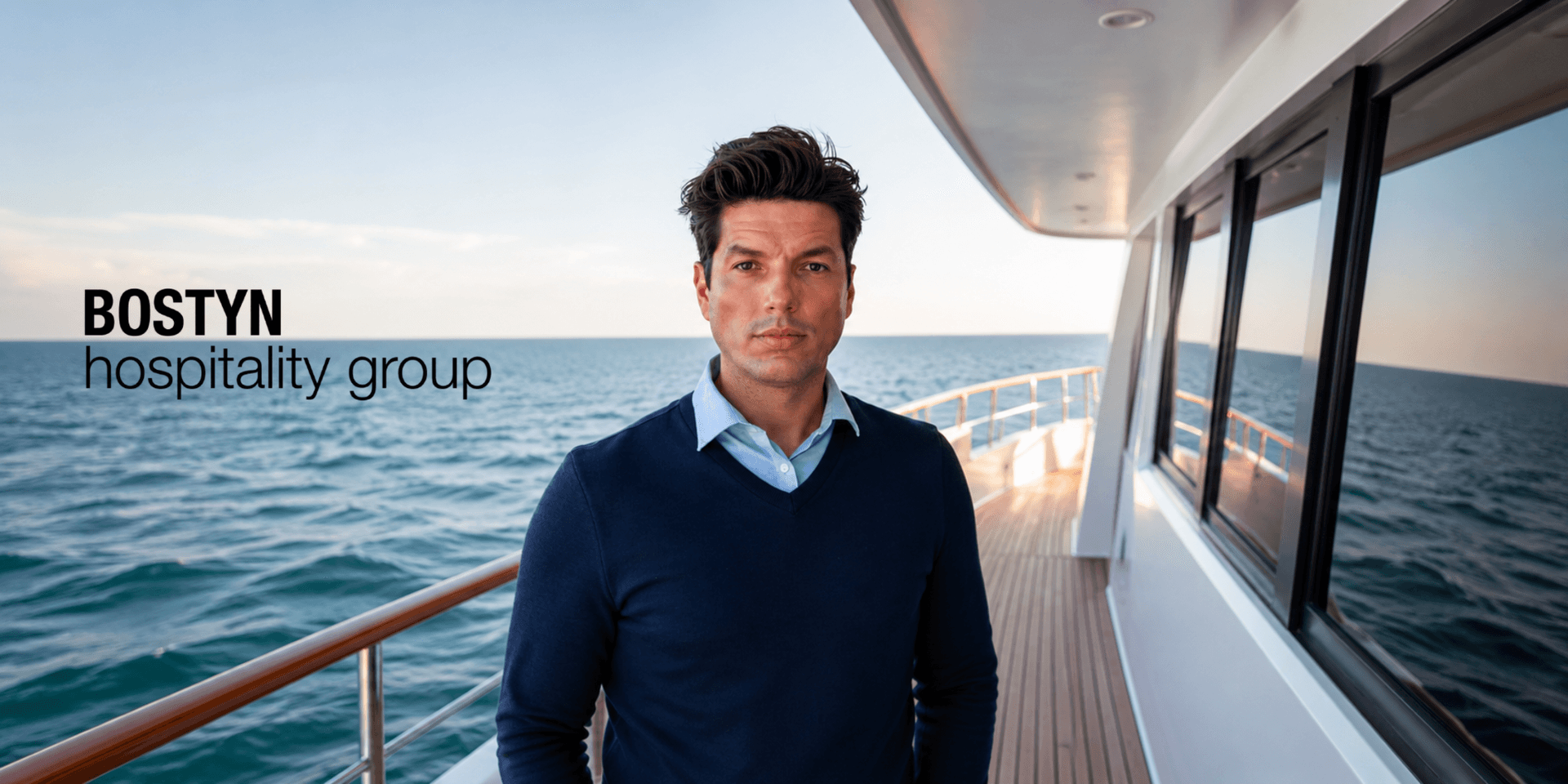 Man in a navy sweater stands on a yacht near the ocean