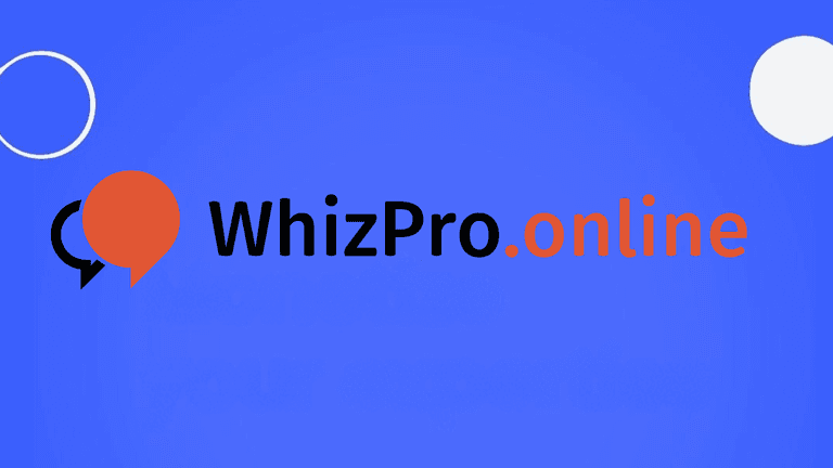 Logo of WhizPro.online on a blue background with abstract shapes