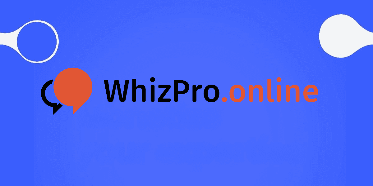 Logo of WhizPro.online on a blue background with abstract shapes