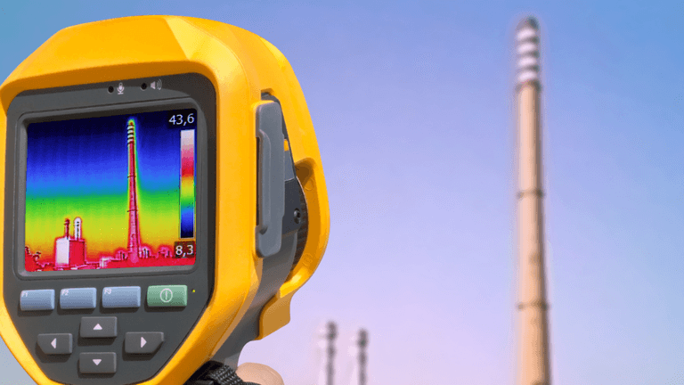 A thermal camera displays temperature readings of industrial smokestacks against a clear sky