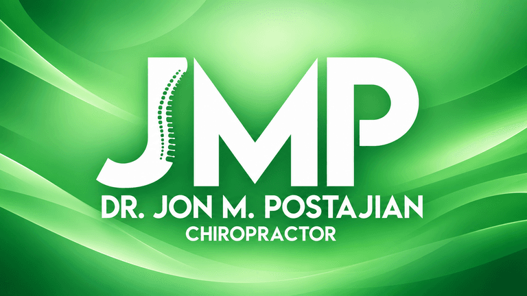 Logo of Dr. Jon M. Postajian, Chiropractor, featuring green waves and chiropractic spine design