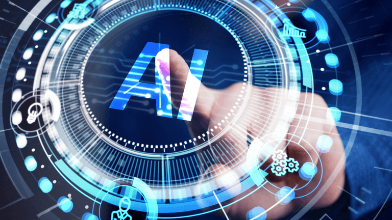 A hand interacting with a digital interface displaying "AI" and various icons