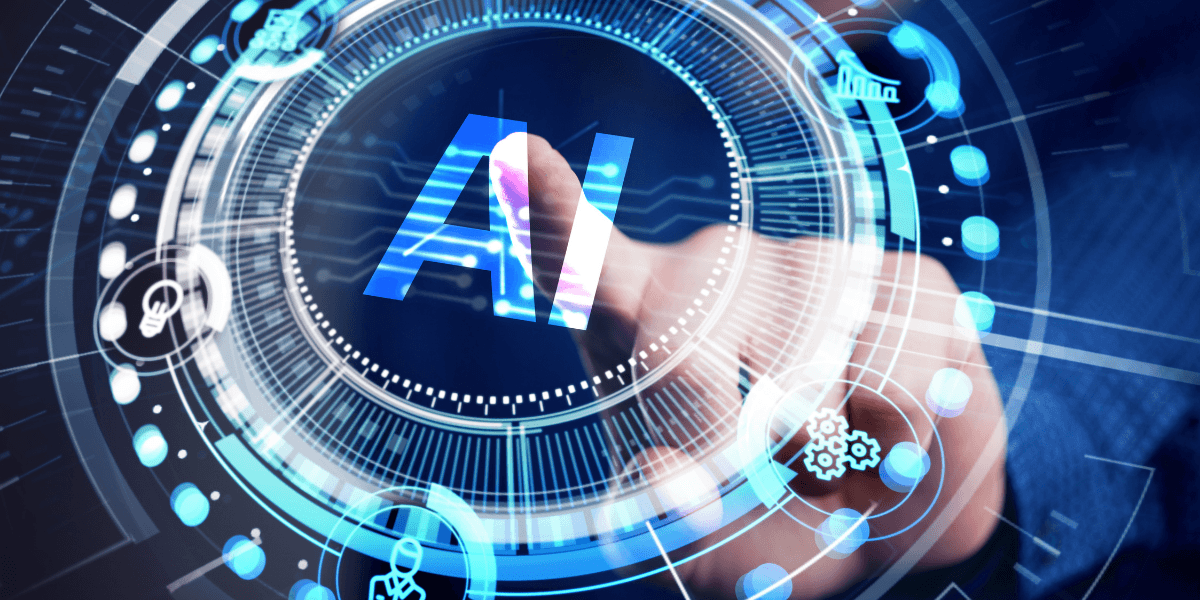 A hand interacting with a digital interface displaying "AI" and various icons
