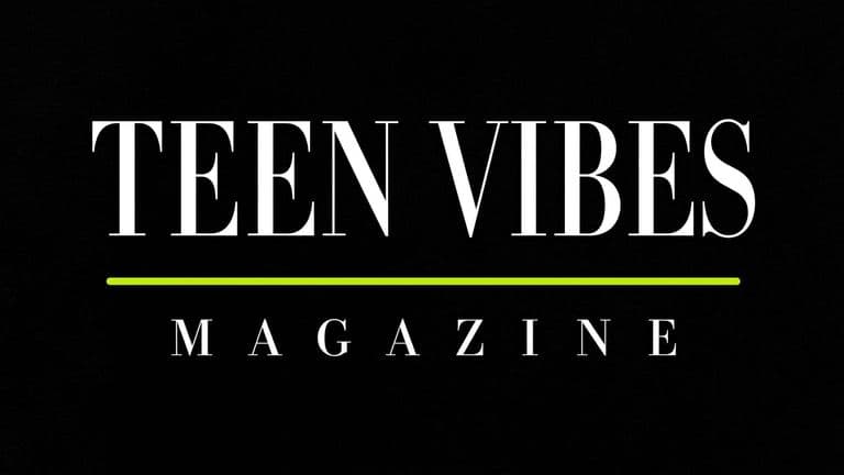 Black background featuring the text "TEEN VIBES MAGAZINE" in white and neon green.