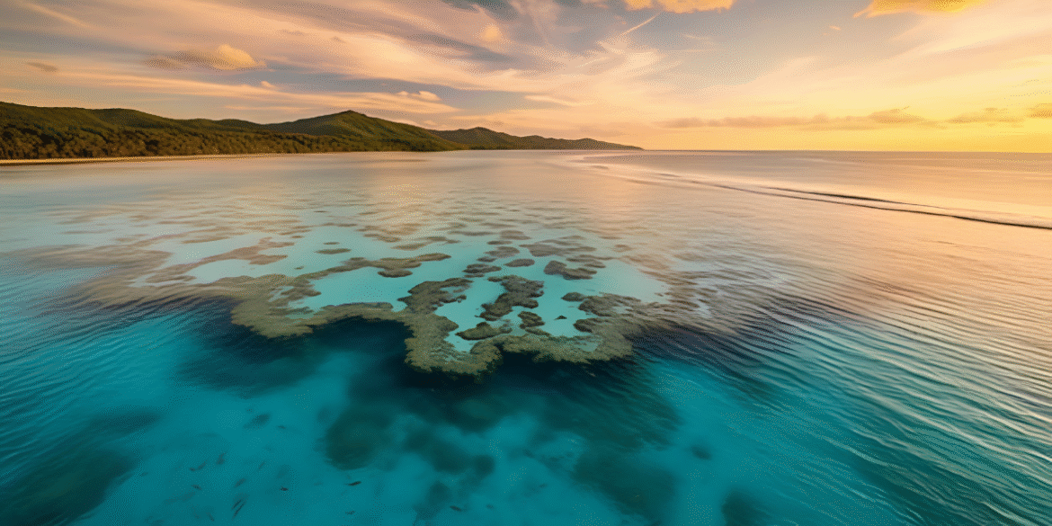 Aerial sunset view of the Great Barrier Reef coastline near Cairns, Queensland.