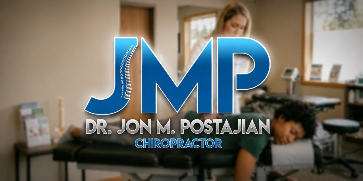 JMP Chiropractic logo over a treatment room with a patient receiving care on a chiropractic table.